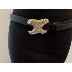 Vintage 80s WCM New York Black Dress Belt Gold color Bling Buckle Women Sz S